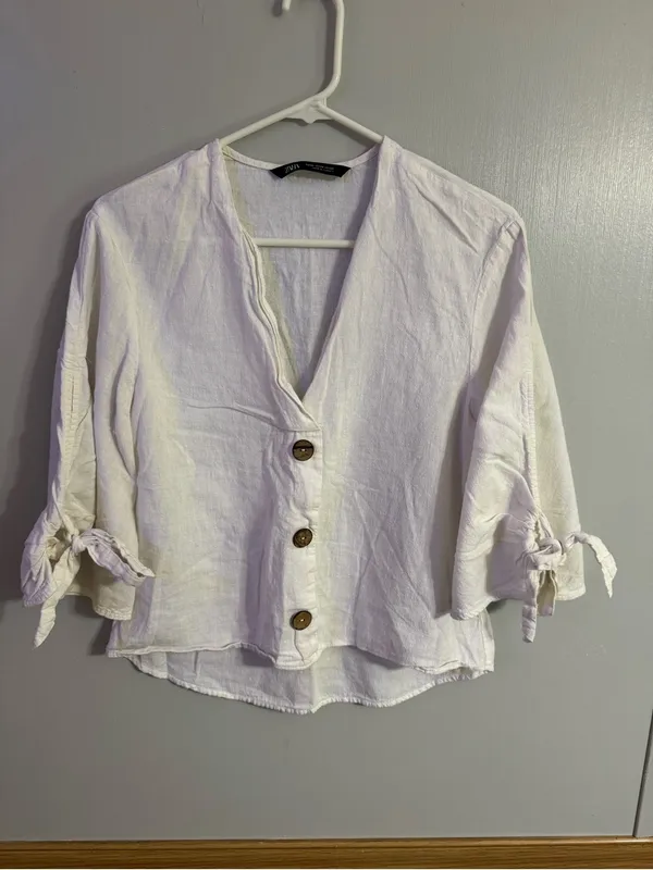 Zara White Oversized Linen Cotton Button Front Top Size XS - Image 6
