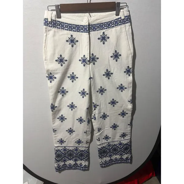Mango White Blue Geometric Embroidered Wide Leg Cropped Pants Size‎ 4 NWT - Image 3