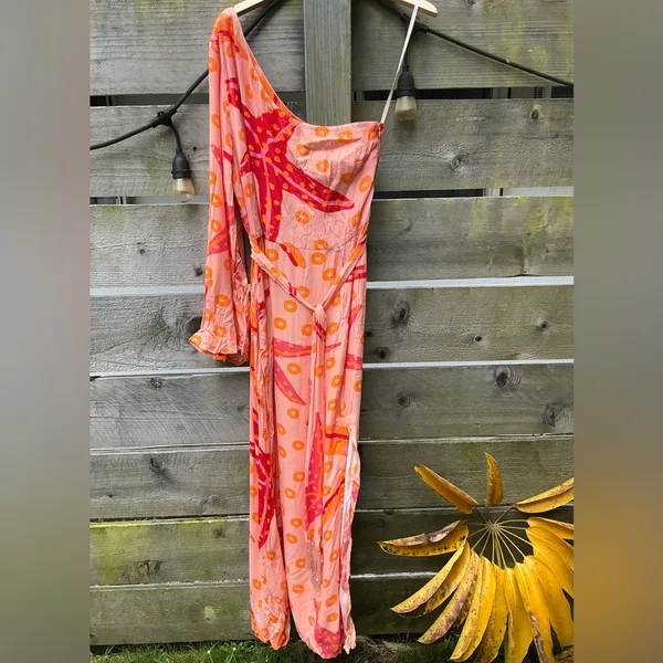 Farm Rio Summer One Shoulder Star Fish Orange‎ Midi Dress Resort Beach Vacation - Image 4