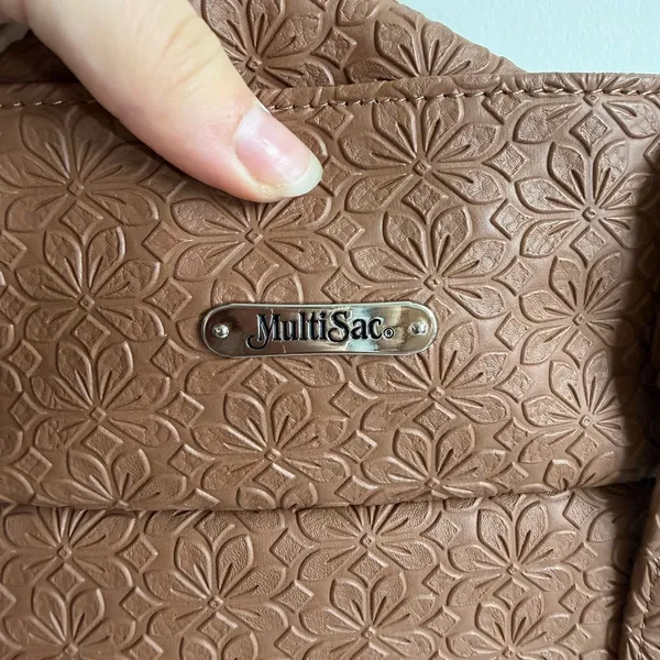 MultiSac brown tan floral Embossed Shoulder Bag buckle slouchy pockets purse - Image 9
