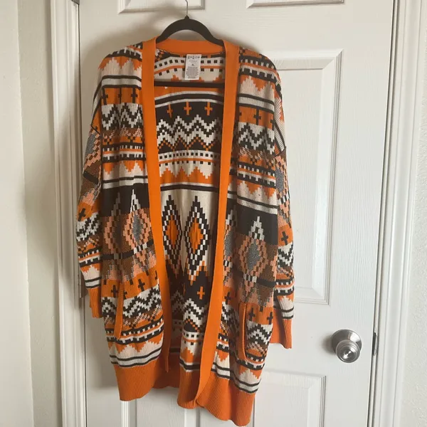 Serra Aztec Southwestern Geometric Open Front Cardigan Orange Black XL - Image 2