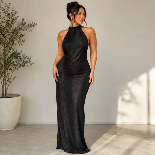 Black Shimmer High Neck Maxi Gown Open Back Formal Dress Sz S - Image 9