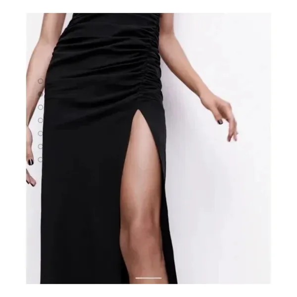 Zara Black Ruched Side Midi Dress Strapy High Slit‎ Women's Large Party Cocktail - Image 4