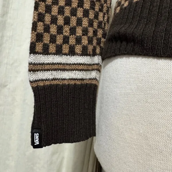 Vans Rare Retro Hooded Cardigan Sweater Brown Checkerboard Geometric Knit Size M - Image 7