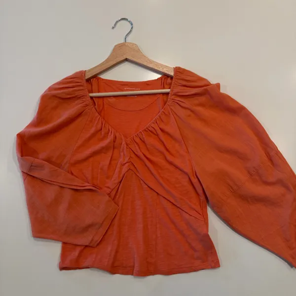 Anthropologie Orange V-Neck Puff Sleeve‎ Boho Cotton Top Size Medium - Image 3