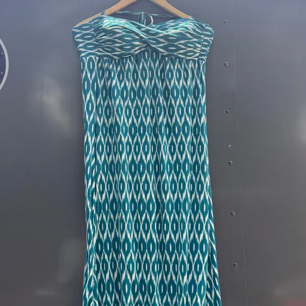 Robin Piccone Maxi Dress Women's Large Blue White Geometric Halter Stretch - Image 3