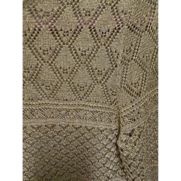 Lauren Ralph Lauren‎ Gold Metallic Pointelle Knit Crochet Sweater Top Womens M - Image 6