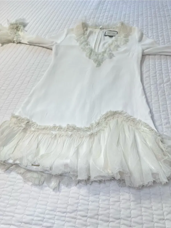 Alexis Barbara Azura Ivory Bell Long Sleeves V-Neck Ruffle Mini Dress Boho Sz M - Image 6
