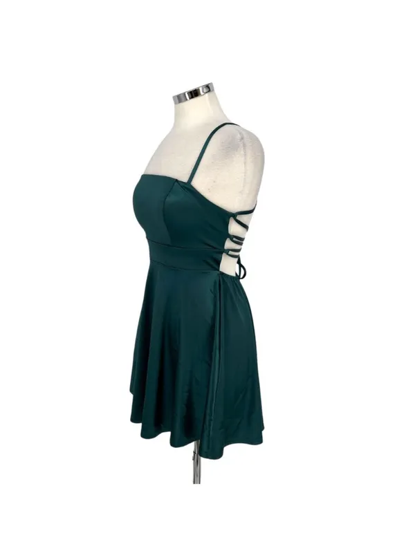 Privy Strappy Back Fit & Flare Mini Dress Size Medium Coquette Jewel Tone Green - Image 4