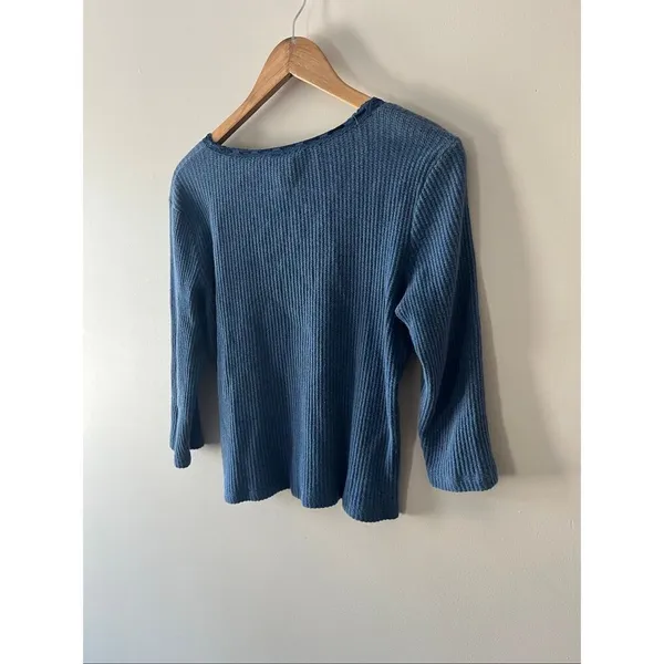 Lauren Ralph Lauren Blue Waffle Knit y2k 100% Cotton blouse L Lace Trim coquette - Image 6
