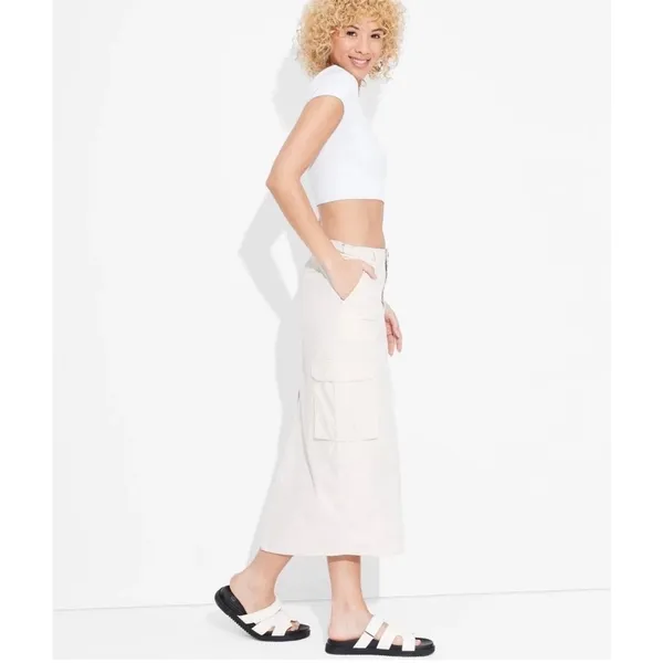 Wild Fable Beige Cargo Midi Skirt XXS Utility Pocket Back Slit - Image 2