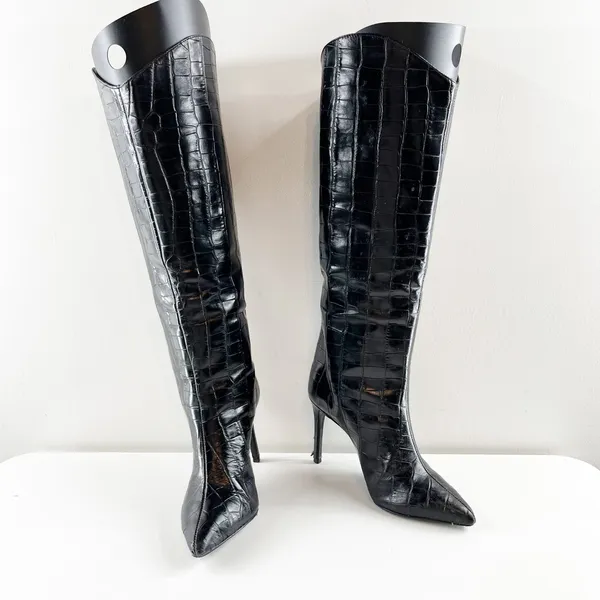 Schutz Maryana Knee High Croc Embossed Stiletto Heel Boots Black 6 - Image 10