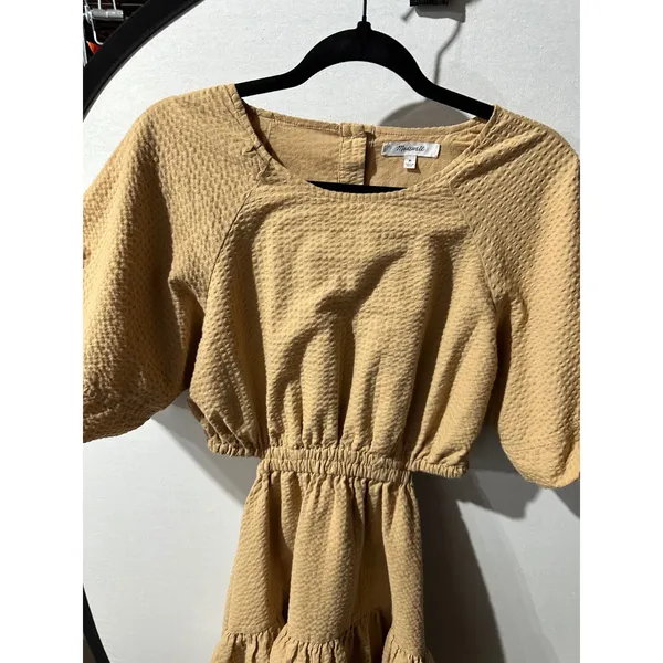 Madewell Dress Women's Size M Tan Brown Short Sleeve Tiered Mini Button‎ Back - Image 7