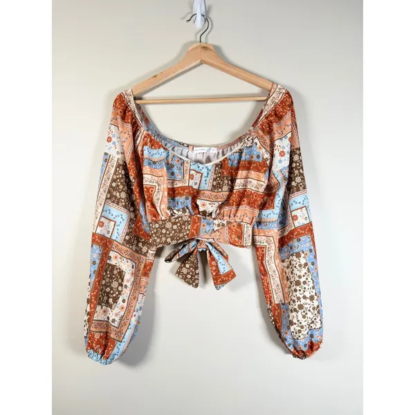 Altar'd State Floral Patchwork Crop Top Long Balloon Sleeve Boho Rust Blue Large - Image 3