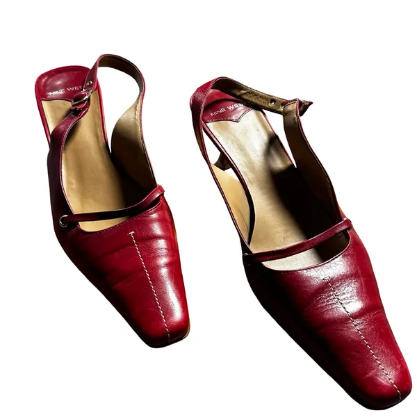 Nine West Red Leather Square Toe Mary Jane Slingback Heels 8.5M Y2K - Image 3