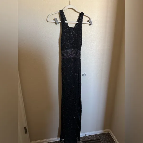 American Vintage Vintage 90s Y2K Silk Beaded Prom Gown‎ Dress Sz XS High Neck Open Back - Image 2