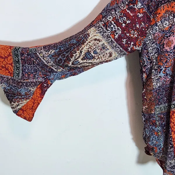 New Directions Multicolor Paisley Boho Blouse with Ruffle Accent Size Large Boho - Image 4
