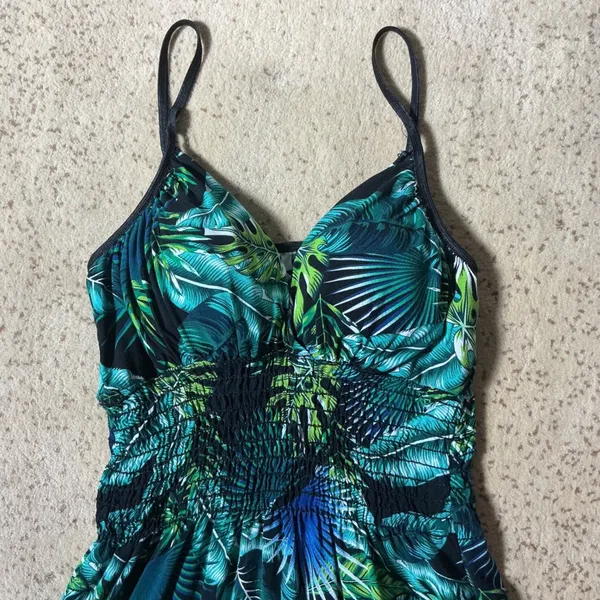 Lady Sun Tropical Leaf Print Maxi Dress Green Blue Smocked Waist‎ 3092 Size G - Image 4