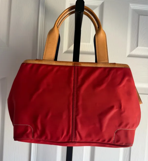 Coach Hampton Red Nylon Tote with Tan Leather Strap Handbag Women's - Image 2
