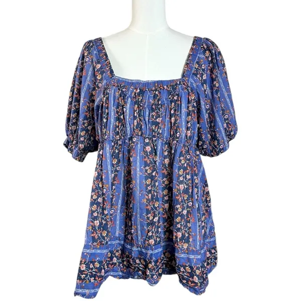 Free People Retro 70s Bohemian Vintage Lover Blouse Dutch Blue Combo Medium - Image 4
