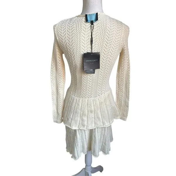NWT Cynthia Rowley Pointelle Knit Peplum Sweater Dress Cream Size M - Image 9