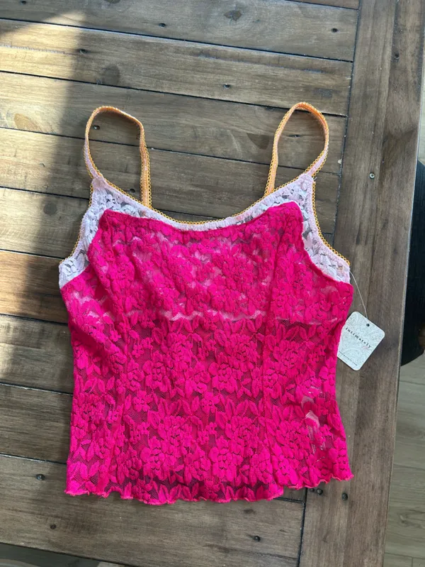 NWT Free People All Day Lace Cami Piping Hot Pink XS - Image 4