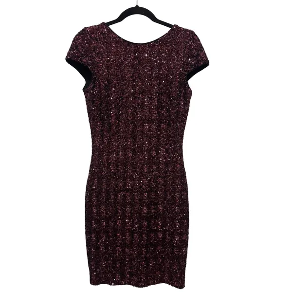Dress‎ The Population Sequin Mini Dress Sz Small Burgundy Glam Cap Sleeve Formal - Image 2