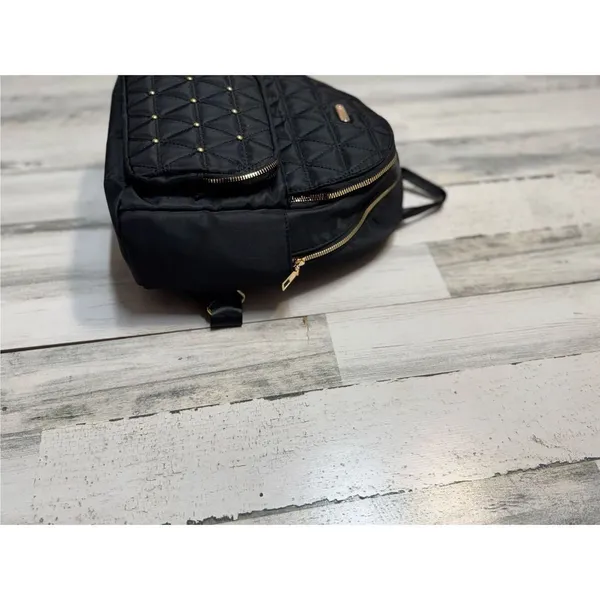Black Nylon Mini Backpack Quilted Gold Studded Small Travel Bookbag Gold Hardwar - Image 4