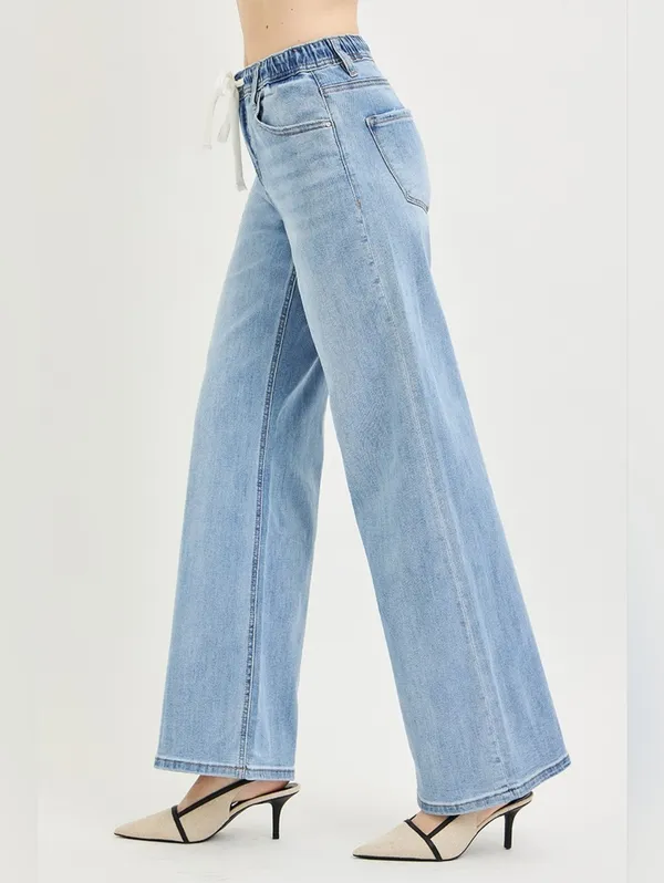RISEN Light Wash Wide Leg Jeans Elastic Cinch Tie Waist Slouchy Various NEW - Image 8
