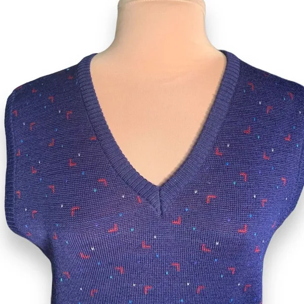 Vintage 90s Knit Sweater Vest Blue Burgundy Abstract Geometric‎ Unisex Medium - Image 4