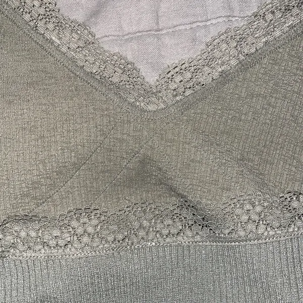 H&M Lace Trimmed Ribbed Top in Light Khaki Green - Image 3
