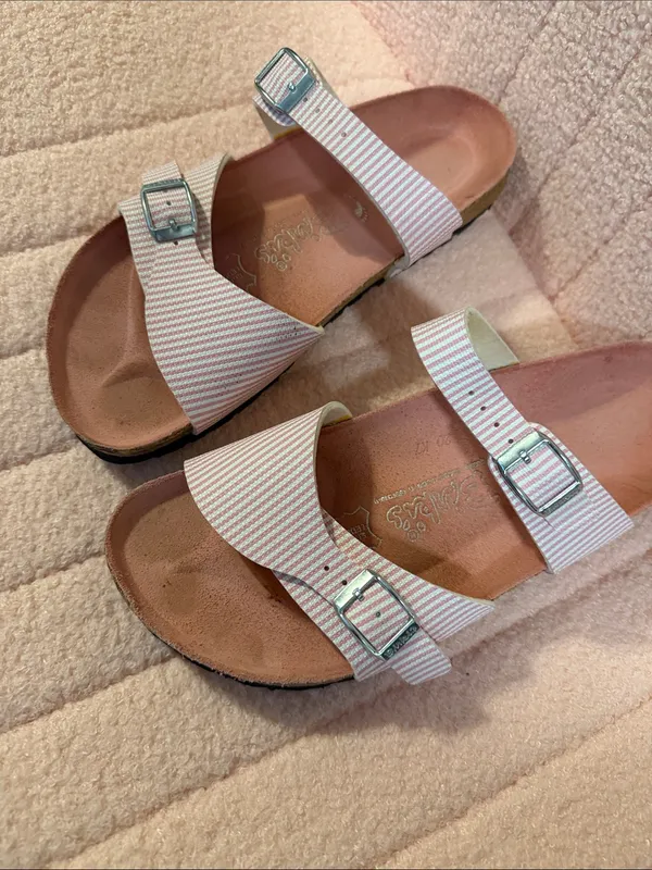 Birkenstock Birkis Sandals Pink Striped Leather Sandals Size 8 - Image 2