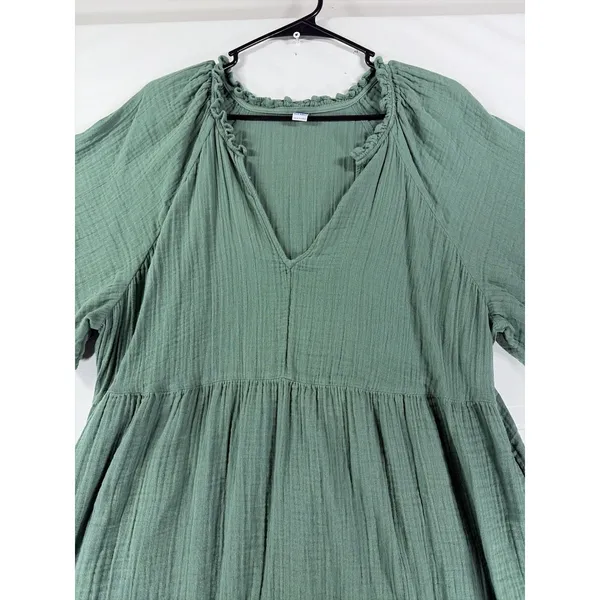 Old Navy Sage Green Gauze Babydoll Mini Dress XL V-Neck Short Sleeve Pockets - Image 4