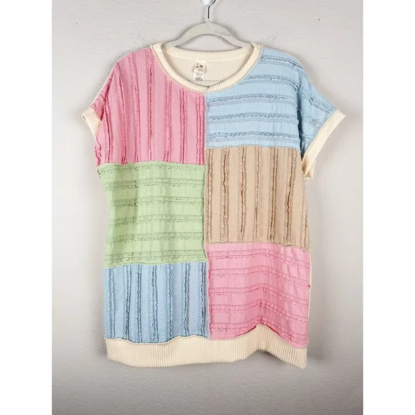 7TH RAY Textured Pastel Color Block Ribbed Pullover Top Women's Size Large Artsy - Image 4