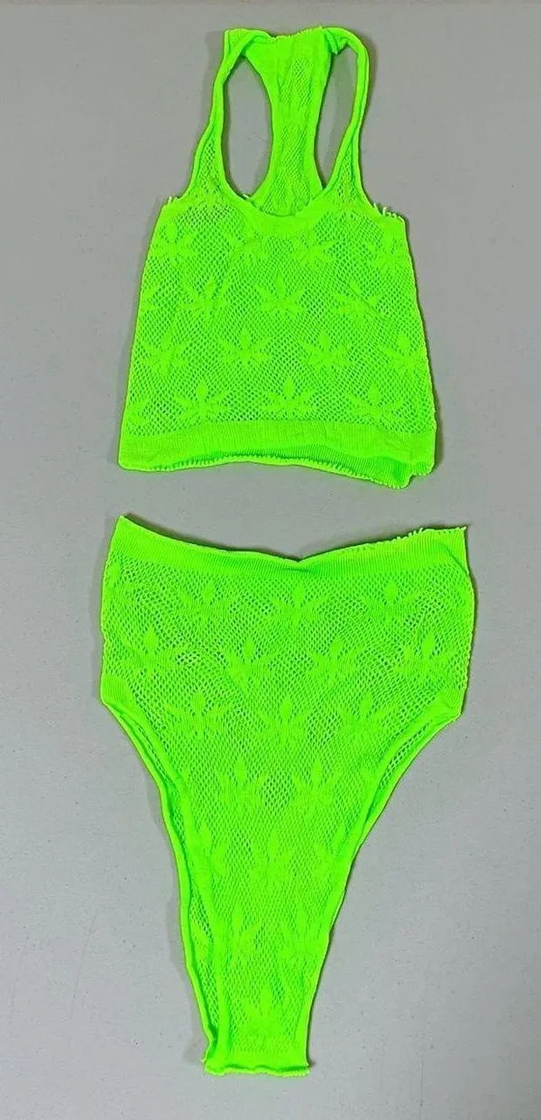 Neon Lime Green Leaf Fishnets Fishnet Bra and Bottoms Coords Matching Set O/S 💚 - Image 2