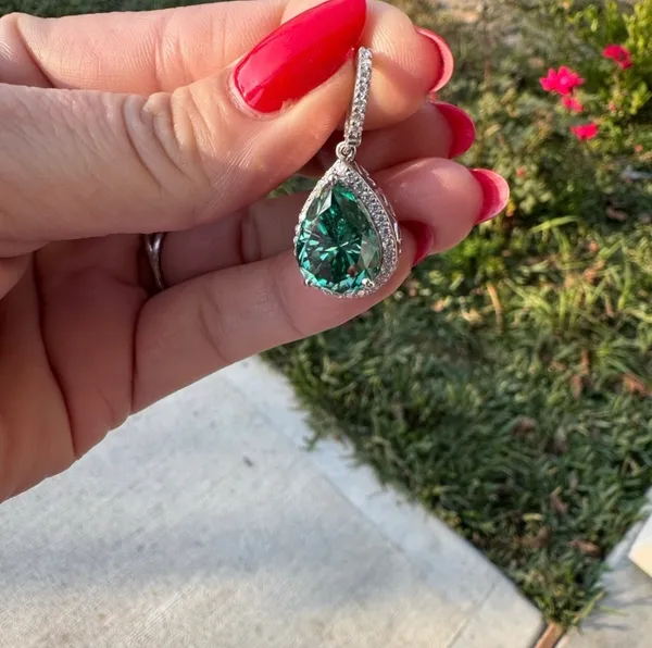 NWOT Elegant Sterling Silver 5 ct Green Pear Moissanite Halo Pendant - Image 2