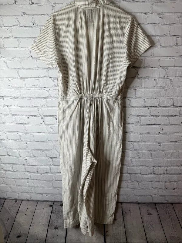 Madewell Cream and Navy Striped Button-Up jumpsuit wide leg size large - Image 9