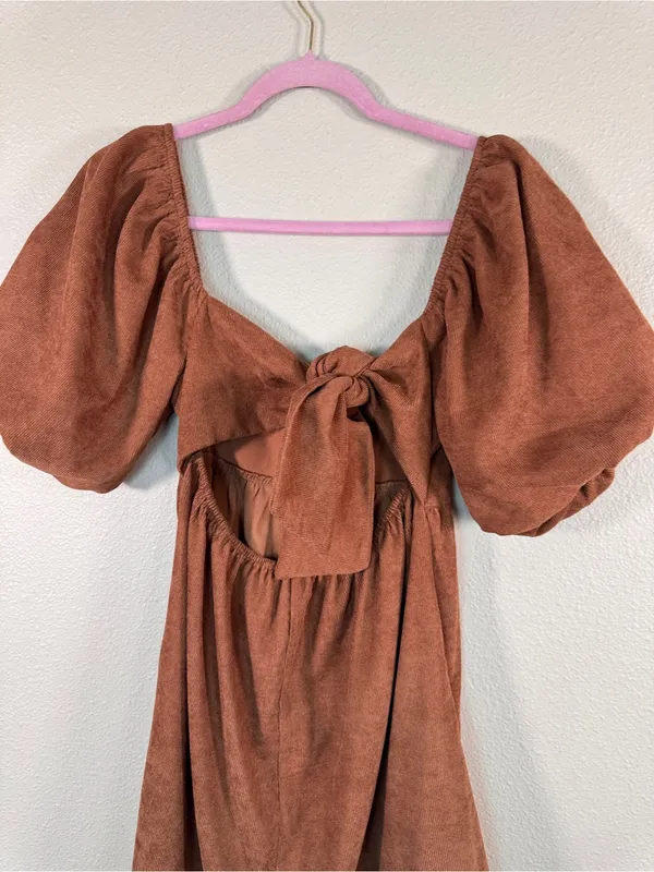 Audrey Parks Brown Corduroy Puff Sleeve Mini Dress Womens S Francesca Casual - Image 5