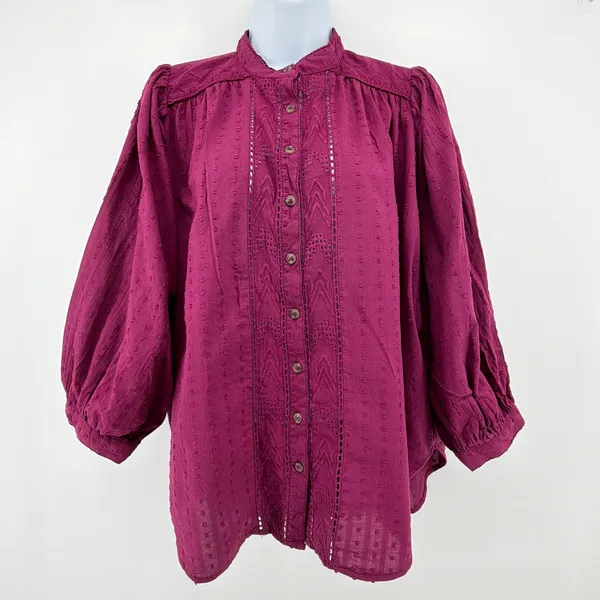 Anthropologie Pilcro Embroidered Swiss Dot Peasant Blouse Berry Magenta Small S - Image 3