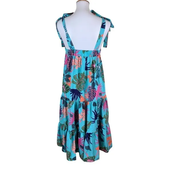 Umgee Teal Tropical Tie Strap Tiered Maxi Dress Medium - Image 4