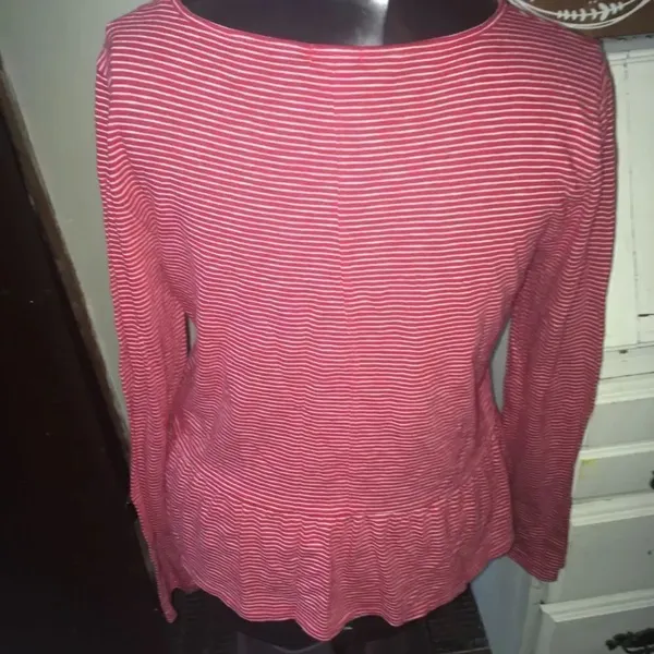 J Crew red and white striped ruffle knit size L blouse - Image 2