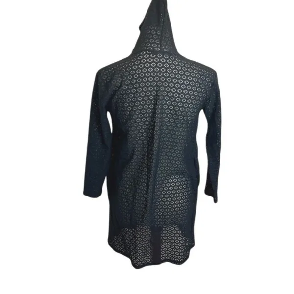 Pamela Black Crochet Lace Hooded Open Front Cardigan Geometric Knit OS - Image 3