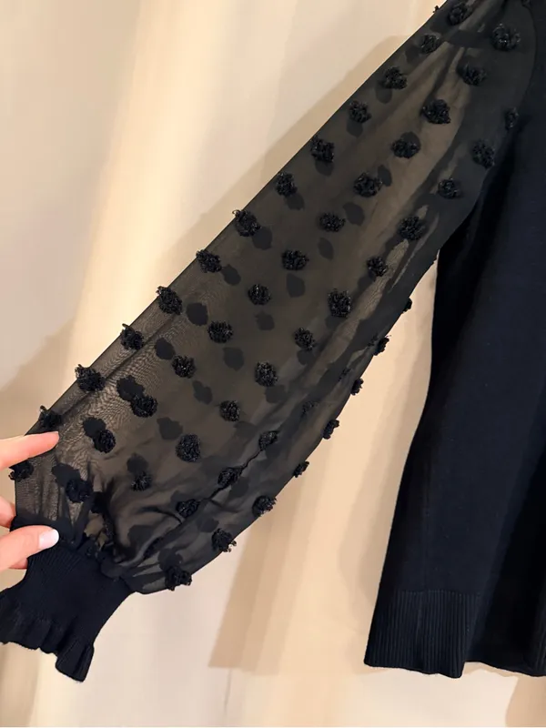 Adrianna Papell Black Ruffle Neck Puff-Sleeve Sweater Top - Image 2