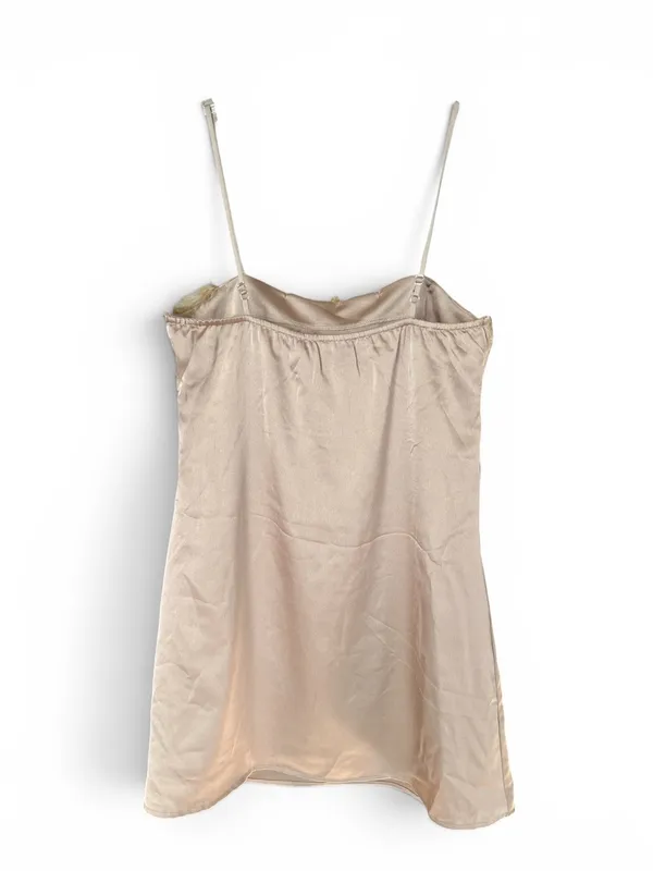 NWT Charmed Hearts Waiting All Night Satin Feather Dress Beige L - Image 7