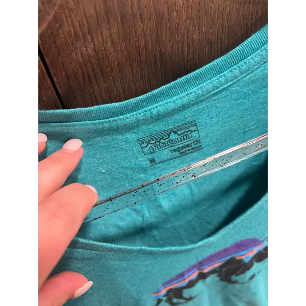 Patagonia Women's Fitz Roy‎ Bison Cotton/Poly V-Neck T-Shirt teal blue women M - Image 3