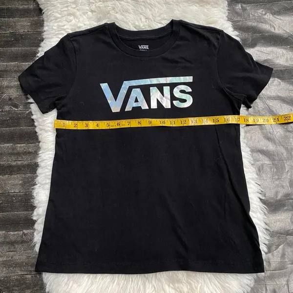 Vans Black Graphic Tee Short Sleeve Shirt Holographic Shiny Spell Out Logo - Image 6