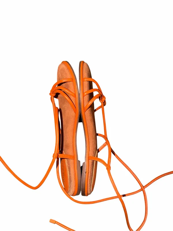 Arezzo Orange Leather Strappy Lace-Up Women's Sandals Size 38 - Image 3