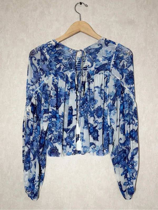Free People Women’s Up For Anything Western Shirt Smocked Mesh Floral Blue S - Image 7