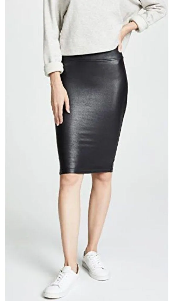 Spanx Faux Leather Pencil Skirt Very Black High-Waist Shiny Stretchy Edgy Midi - Image 5