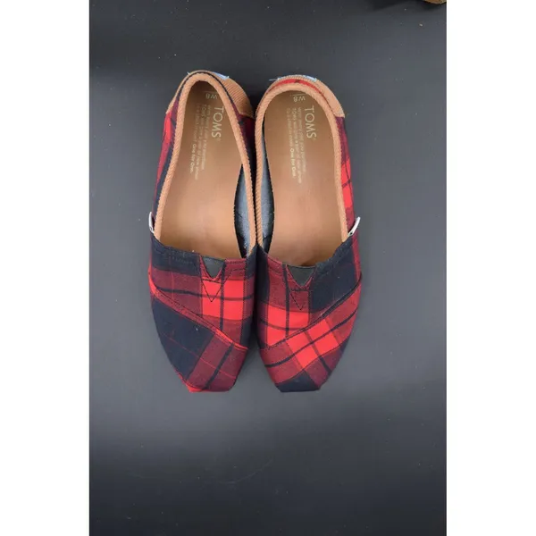 TOMS Alpargata Women W8 Red Navy Plaid Canvas Excellent Corduroy Heel Slip On - Image 5